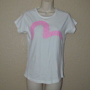 Sz S Evisu Donna White Pink Short Sleeve T-Shirt Tee